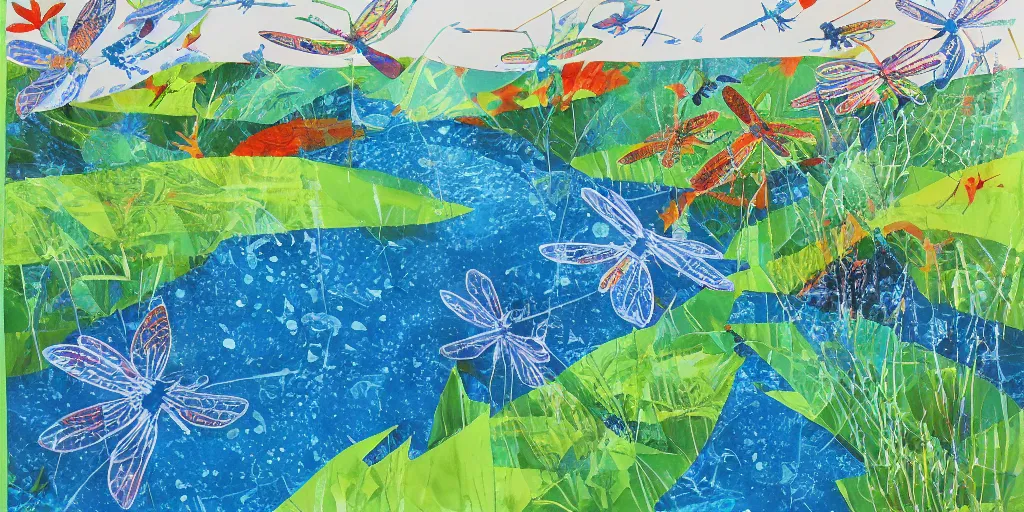 Image similar to dragonflies darting above a peaceful stream. hand - painted collage cut paper. by eric carle