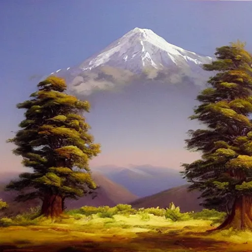 Prompt: A huge mountain with a giant tree on the top, view from far away, oil painting,