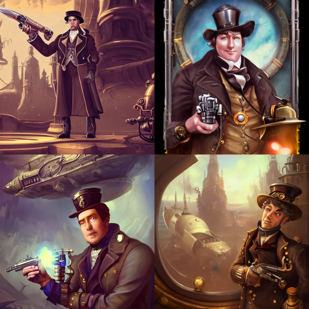 Prompt: a noble man in front in hat, posing with revolver gun on steampunk spaceship on background, by tyler edlin and lindsey look, victorian, steam romance, adventure, jonathan winterhart, detailed, 4k resolution, trending on artstation