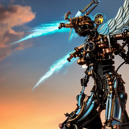 Image similar to a steampunk robotic angel with gun arms shooting, intense, extremely detailed, anime, sparks, clouds, sky, beautiful, sunny, copper, pipes, rusty, metal, cinematic lighting, sharp focus,