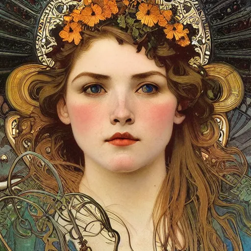 Prompt: realistic detailed face portrait of a beautiful young queen of poppies by Alphonse Mucha, Greg Hildebrandt, and Mark Brooks, gilded details, spirals, Neo-Gothic, gothic, Art Nouveau, ornate medieval religious icon
