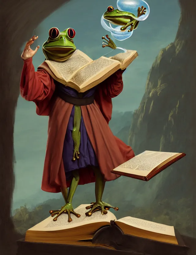 Prompt: anthropomorphic bipedal frog that is dressed as a medieval librarian, and holding a giant book, as a matte oil painting and d & d character art, by pietro annigoni, standing, fullbody, floating bubbles, loose pages, concept art, award - winning, extremely detailed, sharp focus