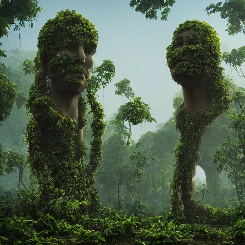 Image similar to giant anonymous statue, beautiful jungle landscape, beautiful vines growing, in the style of beeple and mike winkelmann, intricate, epic lighting, cinematic composition, hyper realistic, 8 k resolution, unreal engine 5, raytracing, reflections, happy colors