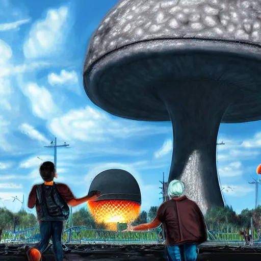 Image similar to terminators playing on a playground with a giant nuclear mushroom cloud in the back ground of a bright blue sky high level of detail 8 k resolution hyperdetailed photorealism