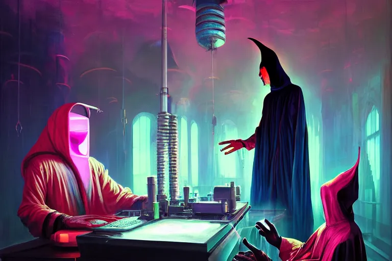 Image similar to a beautiful masterpiece painting of a technomancer wizard in robes with pointed hood discussing sentience with his synthesized AI djinn in his laboratory near a computer by Remedios Varo and Anato Finnstark and Greg Rutkowski, dayglo pink, dayglo blue, dazzle camouflage, 8k, trending on ArtStation