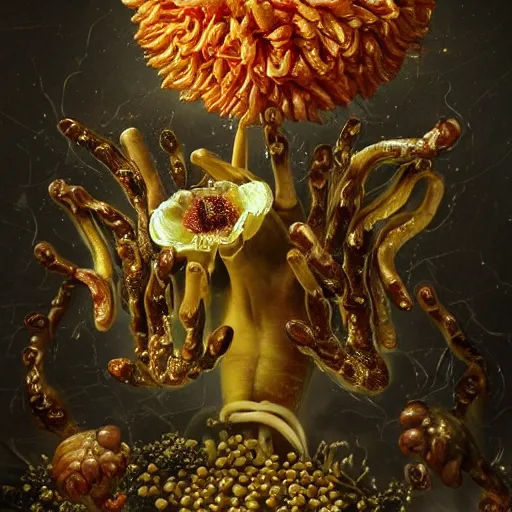 Image similar to disgusting disturbing dutch golden age bizarre mutant flower floral still life with many human toes realistic human toes blossoming everywhere insects very detailed fungus tumor disturbing tendrils bizarre slimy forms sprouting up everywhere by rachel ruysch christian rex van minnen black background chiaroscuro dramatic lighting perfect composition high definition 8 k 1 0 8 0 p