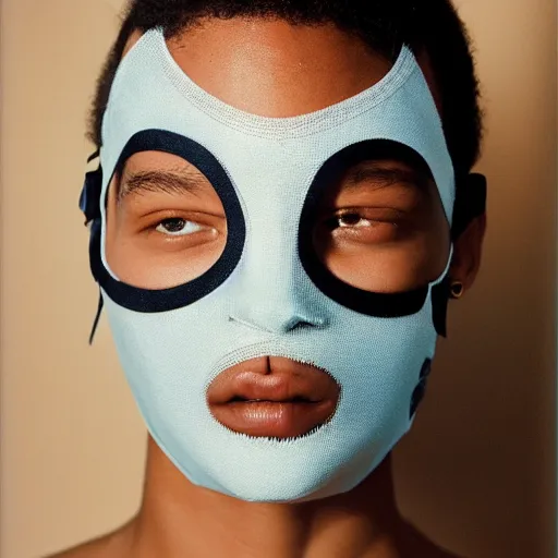 Image similar to realistic photoshooting for a new balenciaga lookbook, color film photography, portrait of a beautiful woman, model is wearing a balaclava mask, in style of tyler mitchell, 3 5 mm,