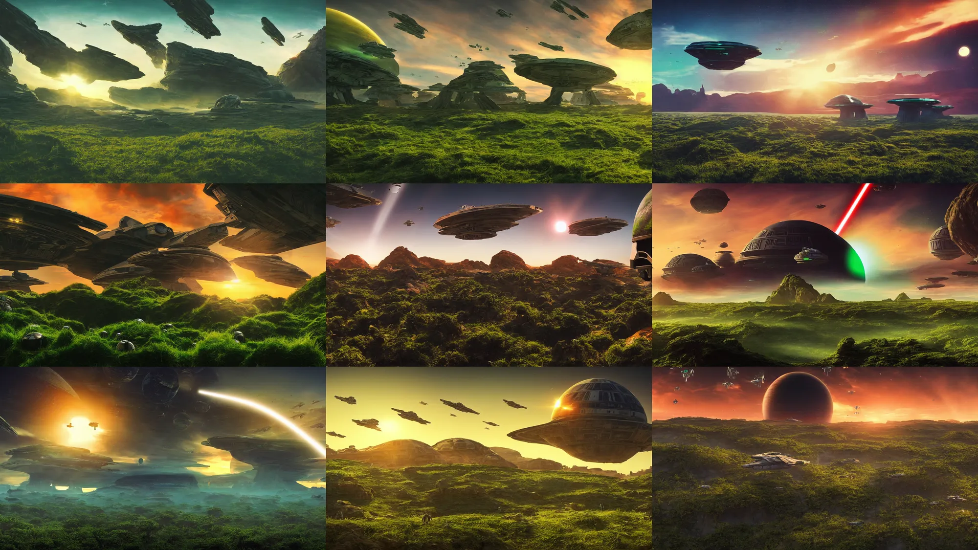 Prompt: a landscape of an alien planet, sunset, luxurious environment, cinematic composition, cinematic lighting, photo realistic, ultra detailed, foundation, star wars, magnificent, 4 k, 8 k, green vegetation, flying alien birds