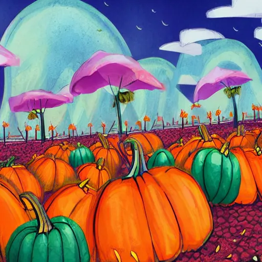 Image similar to pumpkin patch, concept art, illustrated, highly detailed, high quality, bright colors, optimistic,