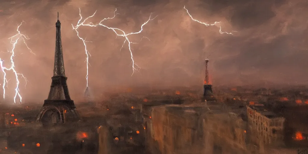 Prompt: lightning striking the Eiffel tower , cinematic lighting, detailed oil painting, hyperrealistic, 8k