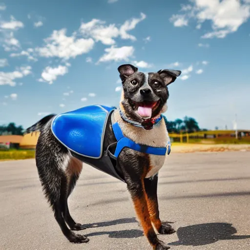 Image similar to blue heeler dog on a motorcycle, 8 k photography, blurred background of a wafflehouse