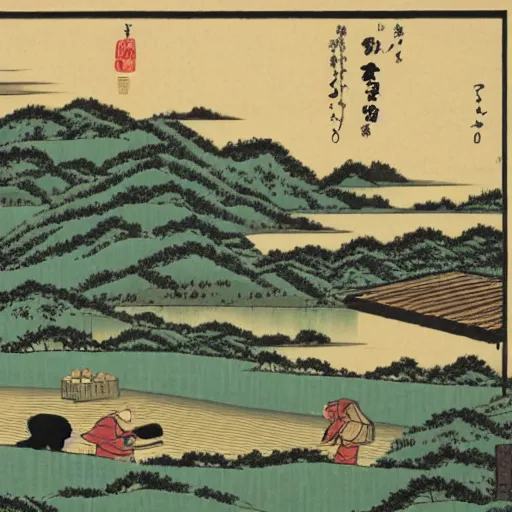 Prompt: a farm next to a lake in the style of ukiyo - e