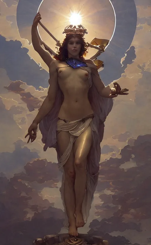 Image similar to solarpunk four armed statue of the goddess of the sun helios descending from olympus, four arms, artstation, concept art, smooth, sharp focus, illustration, art by artgerm and greg rutkowski and alphonse mucha and william adolphe bouguereau and john william waterhouse and gianlorenzo bernini