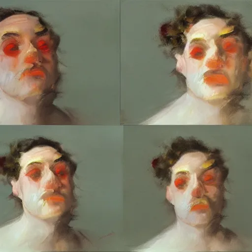 Image similar to detailing character concept portrait of clown by John Singer Sargent, on simple background, oil painting, middle close up composition