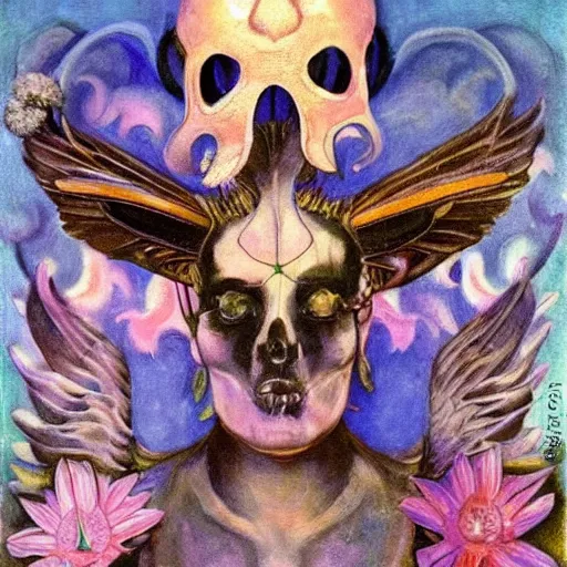 Image similar to the bone crown, the crown of wings, by Annie Swynnerton and Nicholas Roerich and Diego Rivera, bioluminescent skin, tattoos, wings made out of flowers, elaborate costume, geometric ornament, symbolist, cool colors like blue and green and violet, smooth, sharp focus, extremely detailed