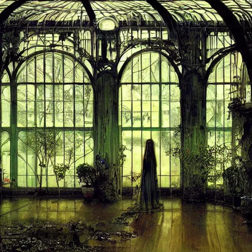 Prompt: a beautiful painting of an eerie hovering ghost inside a large overgrown victorian greenhouse with large windows, warm lights, evening, stunningly beautiful art nouveau architecture, by john atkinson grimshaw