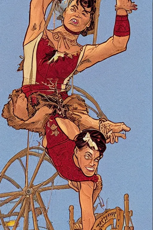 Image similar to maria. Smug old west circus acrobat. concept art by James Gurney and Mœbius.