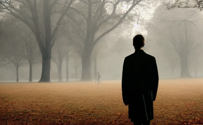 Prompt: cinematic shot of a lonely man with broken heart at park, moody scene from being john malcovich directed by charlie kaufman ( 2 0 0 1 ), foggy volumetric light morning, anamorphic lenses, kodak color film stock