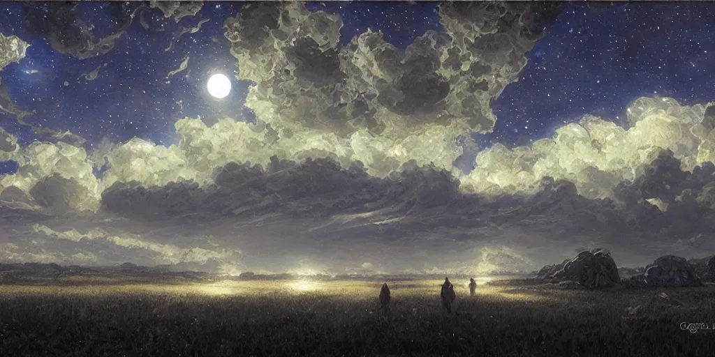 Image similar to the moonlit sky, landscape art by donato giancola and greg rutkowski, digital art, trending on artstation, symmetry!!, volumetric lighting, hdr, starry night