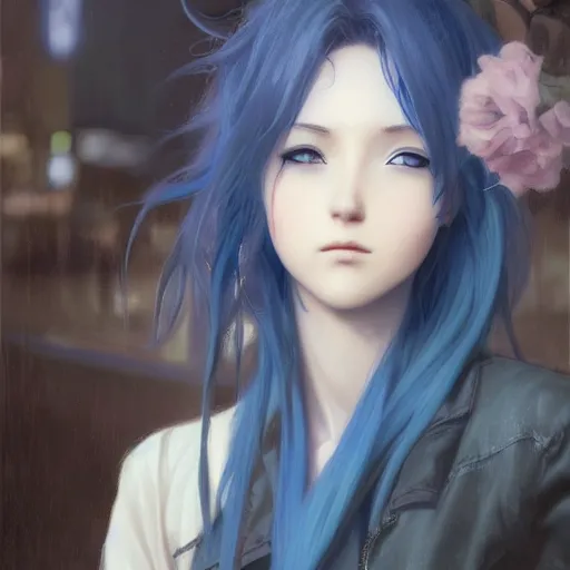 Prompt: a blue haired anime girl in a caffe in paris, official art, character art. anime style, detailed portrait, by charlie bowater, by jeremy lipking, by studio ghibli, photorealistic digital art, rainy street, octane render