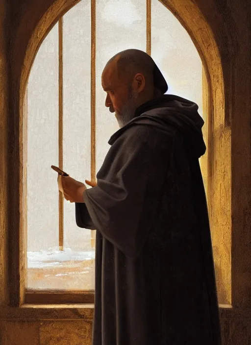 Prompt: oil painting of a medieval dominican monk in robes, looking out of a monastery window contemplatively, a majestic cathedral in the background, digital art, artstation, cinematic, golden hour, digital art painting by greg rutkowski