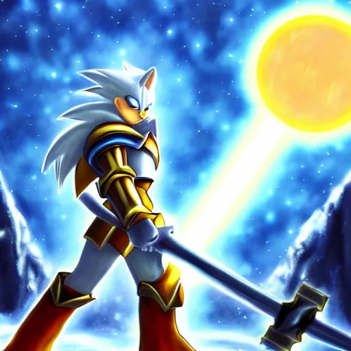 Image similar to paladin wearing silver amour with mirror finish, wielding a longsword that gleams like the sun. he is wearing a teutonic helmet, inside his eyes glow like the sun. sonic the hedgehog is also there. background of snowy mountains. fantasy painting.