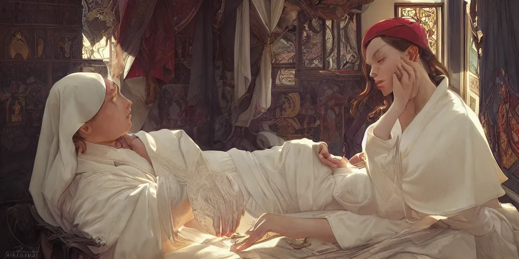 Image similar to photography of a pope making touching a sensual woman in a bedroom, deep focus, intricate, elegant, highly detailed, digital painting, artstation, concept art, matte, sharp focus, illustration, art by artgerm and greg rutkowski and alphonse mucha