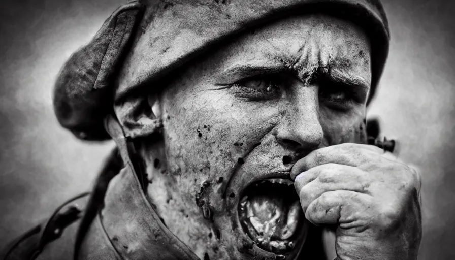 Image similar to World War 1 soldier screaming in horror, close-up of face, wartorn landscape, bullets whizzing past camera, dirty lens, shallow depth of field, cinematic lighting, IMAX, cinematography, 35mm