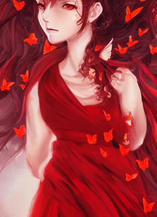 Prompt: half portrait of a beautiful anime girl in red dress with white wavy hair surrounded by red butterflies, dynamic pose, perfect face details, symmetry, digital painting, trending on artstation and deviantart, epic composition, vibrant, dynamic, highly detailed, ross draws, wlop, 8 k