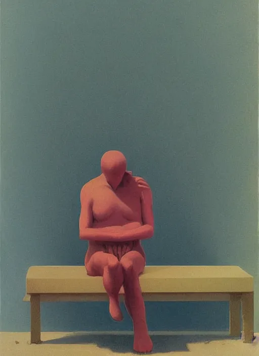 Prompt: spherical goo glass person alone sitting on a bench Edward Hopper and James Gilleard, Zdzislaw Beksinski highly detailed