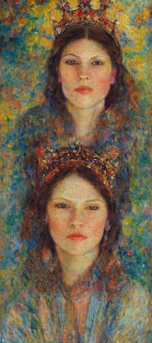 Prompt: all this fight in me, a crown of light on my forehead, oil on rough canvas by minerva teichert, impasto, vivid colors