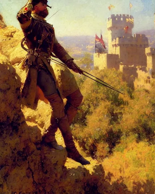 Image similar to attractive crossbowman watches an army approach, he is on a castle wall, painting by gaston bussiere, craig mullins, j. c. leyendecker