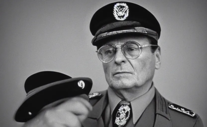 Prompt: 70s movie still of Josip Broz Tito with his general's cap, by Irving Penn , Cinestill 800t 50mm black and white, heavy grainy picture, very detailed, high quality, 4k, HD criterion, precise texture