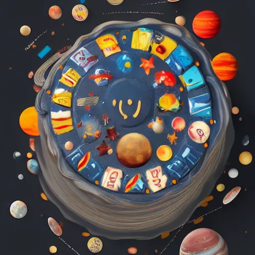 Image similar to A cake with all planets on it, behance, artstation
