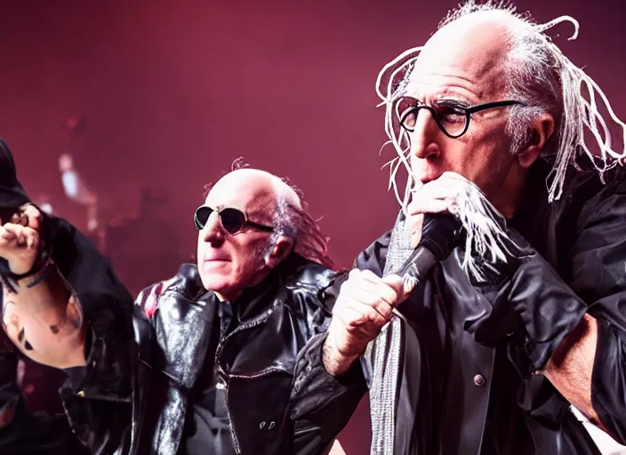 Image similar to publicity photo still of larry david touring with slipknot live on stage, 8 k, live concert lighting, mid shot