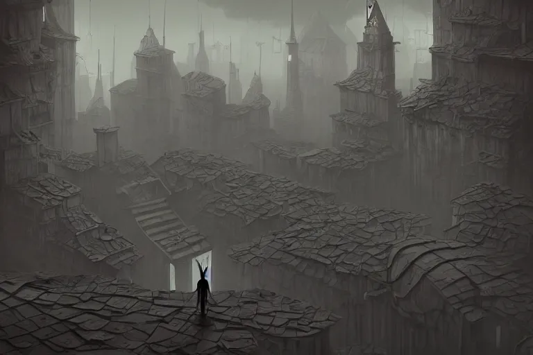 Prompt: a creepy cultist standing in a dystopian city by gediminas pranckevicius,