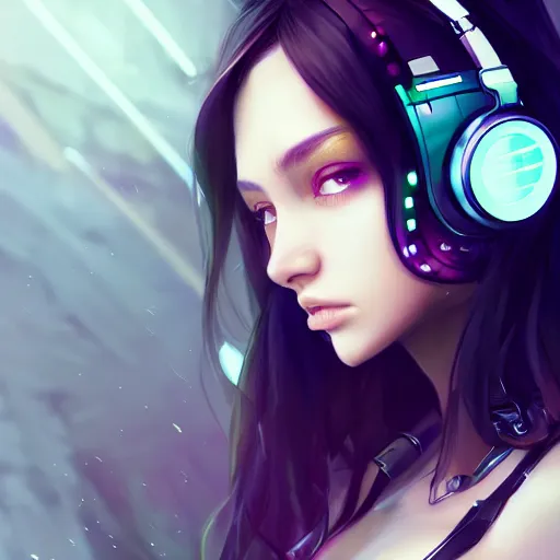 Image similar to beautiful full portrait of a girl, brunette curvy long hair, full - body shot, wearing cyberpunk headphones, streetwear, like a fashion model + high detailed, resolution beautifully detailed landscape trending on artstation 8 k, cinematic, epic detailed trending on artstation 8 k, by bukurote + krenz cushart + ryota - h + wlop