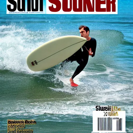 Prompt: mr bean catching a wave, cover of surfer magazine, july 2 0 1 1