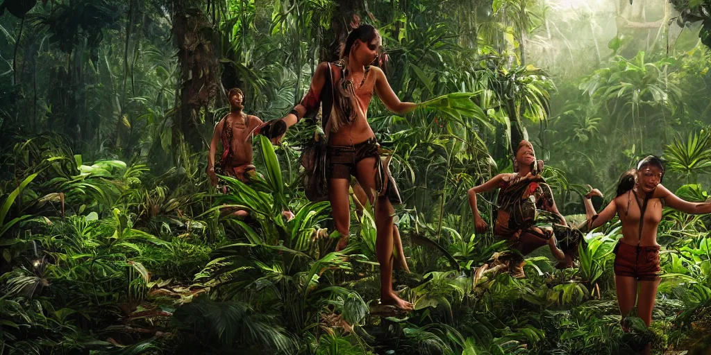 Image similar to borneo people in jungle, unreal 5, hyperrealistic, realistic, photorealistic, dynamic lighting, highly detailed, cinematic landscape, studio landscape, studio lighting