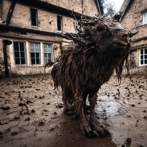 Image similar to horror, moody, still from film, daytime, muddy village square, wide shot, screeching mutant goat monster, powerful and huge, creeping on legs with hands, mouth crammed full of filthy jagged teeth, matted brown fur, in muddy medieval village square