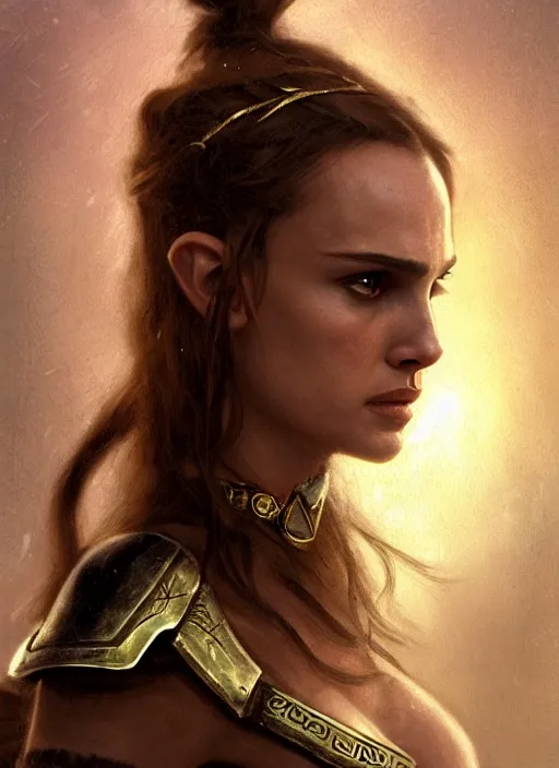 Image similar to young natalie portman, legendary warrior, fighter, lord of the rings, tattoos, decorative ornaments, battle armor, carl spitzweg, ismail inceoglu, vdragan bibin, hans thoma, greg rutkowski, alexandros pyromallis, cute, perfect face, detailed, sharply focused, centered, rule of thirds, photorealistic shading