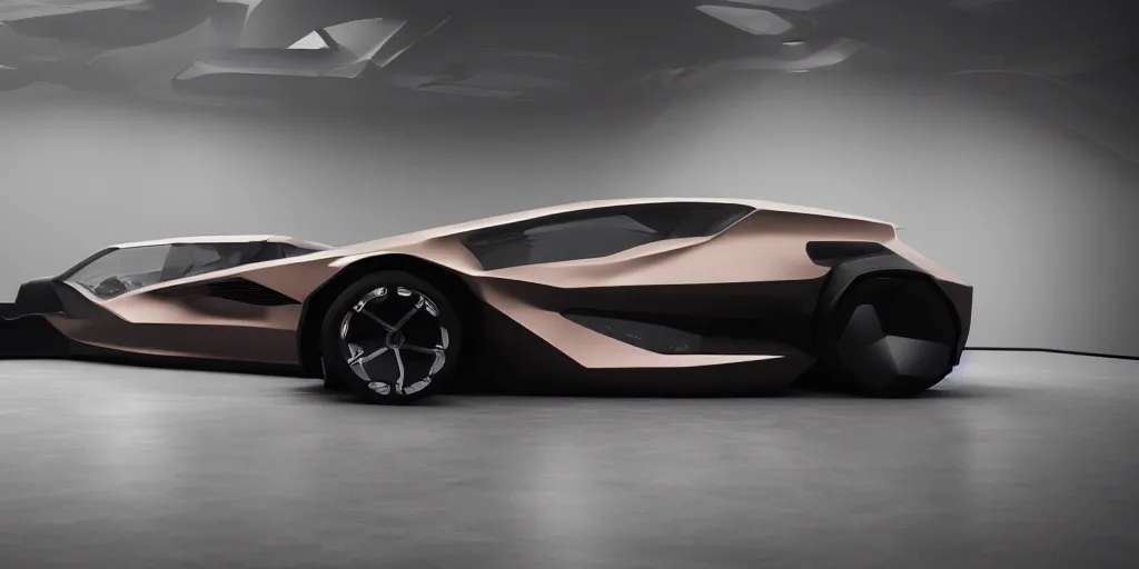 Image similar to a design of a futuristic vehicle, designed by Polestar, blade runner background, brushed rose gold car paint, black windows, dark show room, dramatic lighting, hyper realistic render, depth of field