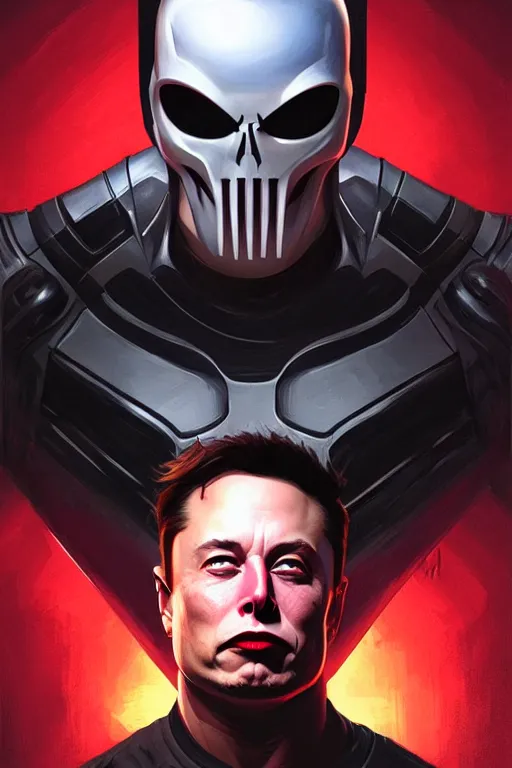 Image similar to elon musk as punisher, realistic portrait, symmetrical, highly detailed, digital painting, artstation, concept art, smooth, sharp focus, illustration, cinematic lighting, art by artgerm and greg rutkowski and alphonse mucha