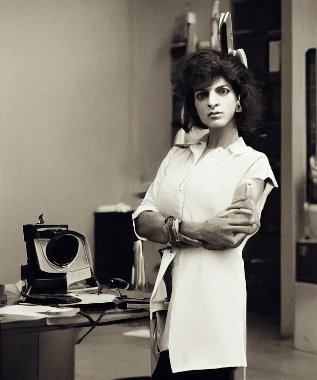 Image similar to a color photograph of persian woman in her workplace, by robert mapplethorpe, out of place, intense, bold, exaggerated, over proportion, hyperrealistic, ultra sharp, extra details, ultra high quality, trending on pinteresst