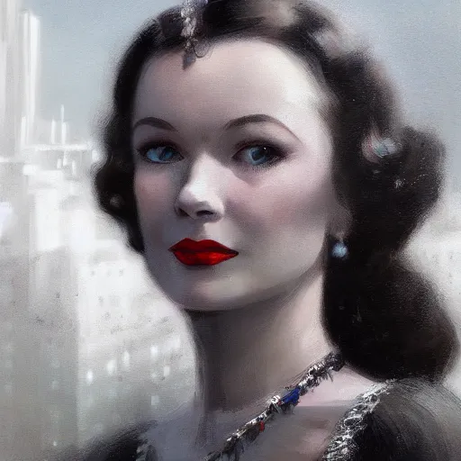 Image similar to closeup portrait of a young vivien leigh, 1 9 2 0 s, femme fatale, city background, megacity, high fantasy, dramatic light, gorgeous view, depth, high detail, digital art, painted by greg rutkowski, trending on artstation