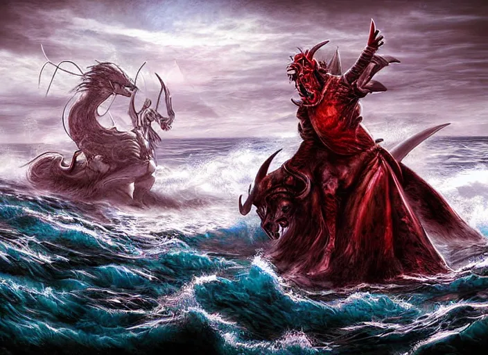 Image similar to a devil rides on the frigid ocean, fantasy art, sun, epic, dramatic, digital art, pain