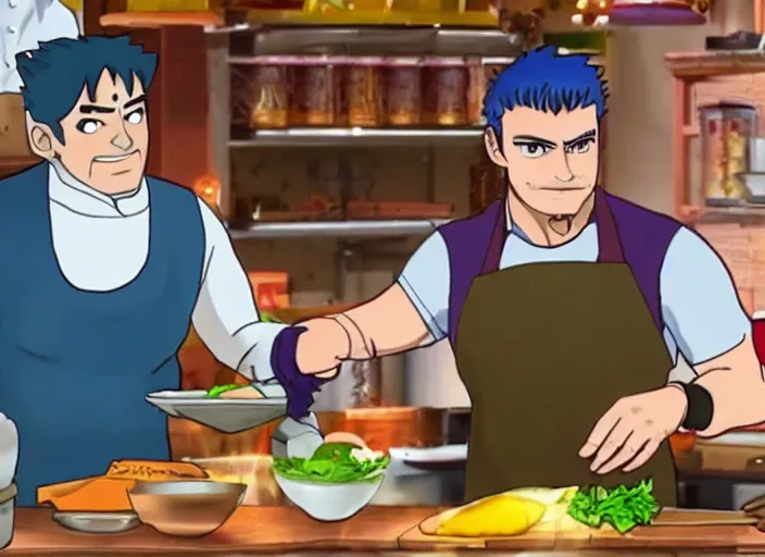 Image similar to Joseph joestar on a cooking show with gordon ramsey