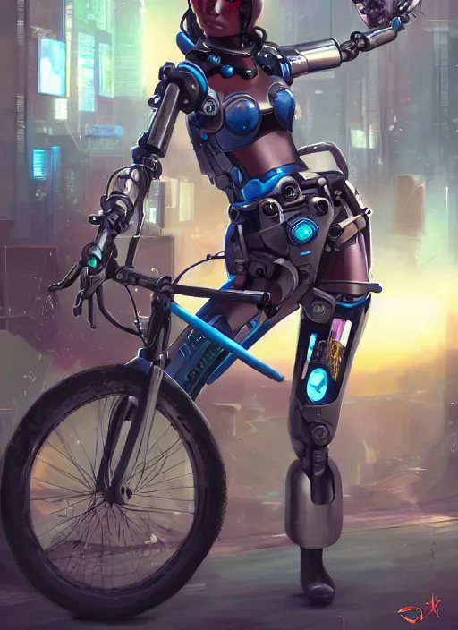 Image similar to An epic fantastic realism comic book style painting of a beautiful girl on a bicycle with robot legs, robotics, long pigtails hair, asian girl, cyberpunk, Concept world Art, unreal 5, DAZ, ultrarealistic, hyperrealistic, octane render, cosplay, RPG portrait, dynamic lighting