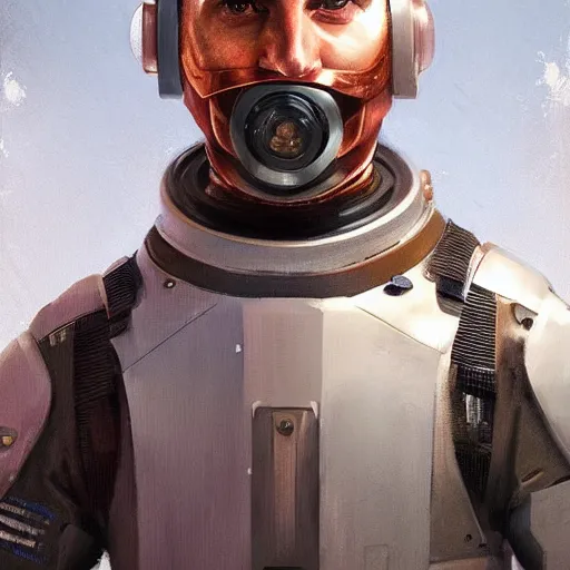 Image similar to Portrait of a man by Greg Rutkowski, he is about 40 years old, copper short hair, his features are a mix between Turkish and Scottish, strong and tall, cool dad vibes, he is wearing a futuristic astronaut suit, highly detailed portrait, digital painting, artstation, concept art, smooth, sharp foccus ilustration, Artstation HQ.