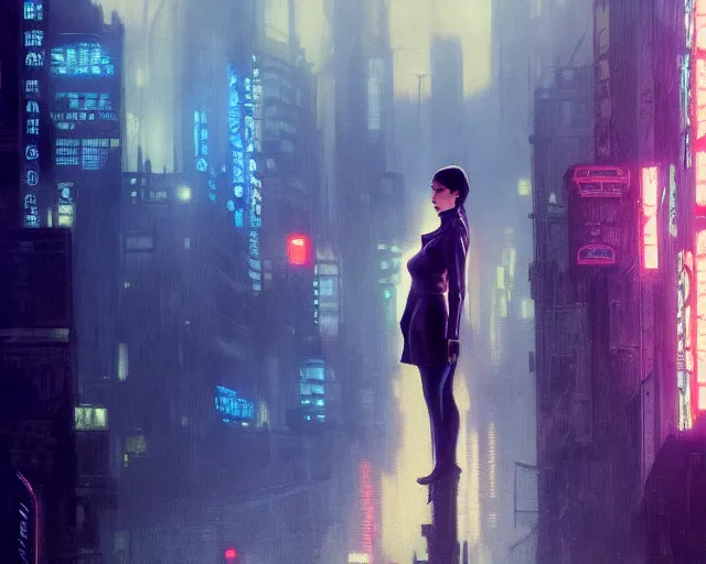 Prompt: 2 0 1 8 blade runner movie still girl look at the cityscape from roof perfect face fine realistic face pretty face neon puffy jacket blue futuristic sci - fi elegant by denis villeneuve tom anders zorn hans dragan bibin thoma greg rutkowski ismail inceoglu illustrated sand storm alphonse mucha